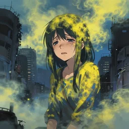 post apocalyptic city, crying girl covered in yellow and blue smoke, by akihiko yoshida
