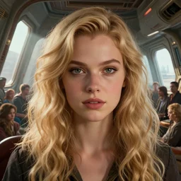 highly detailed closeup portrait young plejaden woman with wavy blonde hair in a retro spaceship with large windows, stephen bliss, unreal engine, greg rutkowski, ilya kuvshinov, ross draws, hyung tae and frank frazetta, tom bagshaw, tom whalen, nicoletta ceccoli, mark ryden, earl norem, global illumination, god rays, detailed and intricate environment