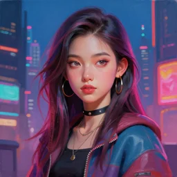 a beautiful portrait painting of a pretty trendy young girl with rich colors in cyberpunk city. modern sense. realistic. by beeple. 3 d handpainted cg character concept art. trending on artstation