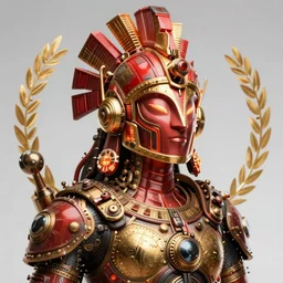 awardwinning photo of a steampunk avalokiteshvar, wearing a glowing red and golden metallic aztec helmet with multicolored tubes and shiny metallic gears, 3 d render, crisp, 8 k, fluorescent colors, nikon photography