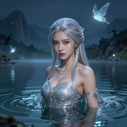pretty portrait of a fantasy silver haired lady in a magical lake, half submerged in water, highly detailed, digital painting, artstation, night scene with moutains with glowing sprites, wlop concept art, smooth, sharp focus, illustration, art by dreadjim, craig mullins and greg rutkowski, 8 k