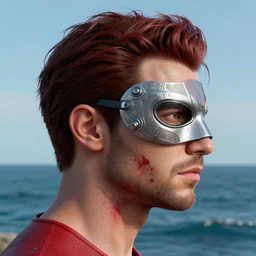 a portrait of a man :: side profile blood :: background sea :: intricate details :: futuristic mask :: 3d render ::  MARVEL comics and Sandra Chevrier