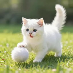 a happy white furry kitten playing with a fur ball on a sunny day, impressionism,