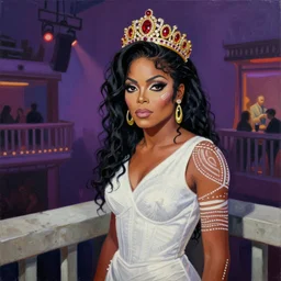 palette knife oil painting portrait of janet jackson, a queen - with gold tiara with rubies and diamonds, woman in white dress and australian aboriginal body paint, concrete balcony, nightclub, artstation trending, artgerm, any racial background, deviant art, hipster, octane, substance, art history 8 k