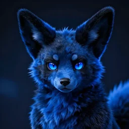 blue fennec furry anthro facing camera black hair black fur blue eyes neon dark portrait background highly detailed trending coherent face
