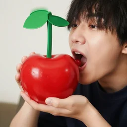 a photo of a person eating a huge cherry item from the pacman series