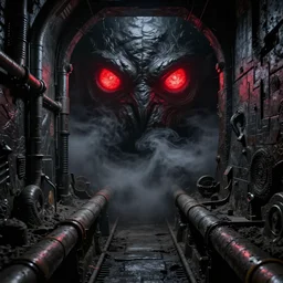 cybperpunk art nouveau underground sewer channel. two glowing red eyes of a huge creature behind a wall of black mist and smoke.