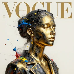 3 d, marble head of fashion model with liquid black and gold metal, vogue cover style, paint splatters, blue and yellow and red paint splashes, paint drops whirling in the air, 3 d poster art, high detail, 3 d intricate oil painting, multiple exposure, stanley kubrick mood, hyperrealism, 3 d, by tooth wu and wlop and beeple and