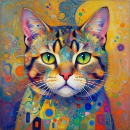 futuristic cat portrait an oil painting splashes with many colors and shapes by gustav klimt greg rutkowski and alphonse mucha, polycount, generative art, psychedelic, fractalism, glitch art