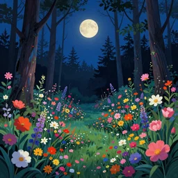 ( ( ( gediminas pranckevicius ) ) ), a pond in the forest, moonlight, flower garden midnight, very coherent and colorful high contrast art by simon stalenhag floralpunk screen printing woodblock, dark shadows, pastel color, hard lighting
