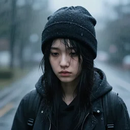 an emo girl, black hair, wearing a beanie in the rain