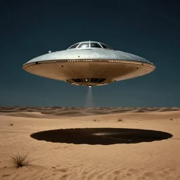ufo flying over the desert at night, old picture, flying saucer!!,