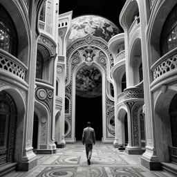 of a highly insane details of a photo of abstract architecture between real and fake worlds, black and white color, walking towards planet earth in background, art nouveau, heavily detailed, intricate artwork by tooth wu, high contrast, sharp focus, blender, depth of field, panorama, aperture, 8 0 k,