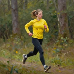a female orienteer wearing a yellow long - sleeved shirt and black tights runs in the forest, oil on canvas, trending on artstation.