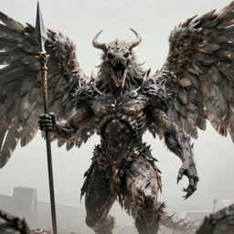 cinematography picture of monster with angel wings, no eyes, long jaw, holding a spear, 8k, unreal engine 5, ps5, hyperrealistic, artstation, higly detailed