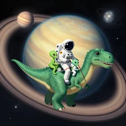 Astronauts and green aliens are riding some dinosaurs, they are floating over the rings of a gas planet, the star of the planetary system is as background, by Jordan Grimmer digital art, trending on Artstation,