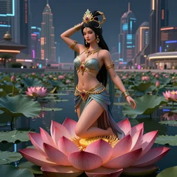 Beautiful 3d render of the flower queen goddess in a sensual pose near a pond full of lotus, atmospheric lighting, painted, intricate, volumetric lighting, beautiful, rich deep colours masterpiece, sharp focus, ultra detailed, in the style of Dan Mumford and marc simonetti, with a clear crowded futuristic cyberpunk dubai city in the background, astrophotography