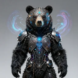 3 d black god wide angle portrait with bear skin and fur. beautiful intricately detailed avante garde bear mask and cybernetic outfit. ecodelic symbiosis, polyphonic communication, pulse projections, shipibo patterns, plasma, creature, artwork by tooth wu and android jones wlop and android jones and beeple and greg rutkowski