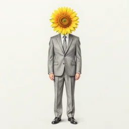 full body shot of a man with a sunflower instead of a head wearing a business suit, color pencil sketch