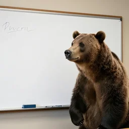 a grizzly bear as a teacher look at the white board, professional photography