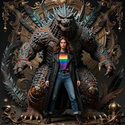 female humanoid godzilla dressed in a black trench coat, rainbow t - shirt, and jeans, high contrast, angry, divine, powerful, massive scale, rusty, furry, feathers, in a symbolic and meaningful style, insanely detailed and intricate, hypermaximalist, elegant, ornate, hyper realistic, super detailed