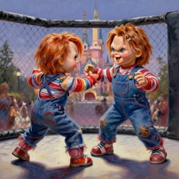the doll chucky in the middle of a cage fighting with doll annabelle, epic mma fight, dramatic poses, dolls are in motion, disneyland as backdrop, oil painting, by greg rutkowski