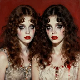 two beautiful but sinister sisters in layers of fear, with haunted eyes and curly hair, 1 9 7 0 s, seventies, delicate embellishments, a little blood, crimson, painterly, offset printing technique, mary jane ansell