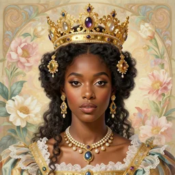 highly detailed venetian rococo portrait of a black princess wearing a crown, golden jewels, pastel flowery background, volumetric lighting, flowers, fantasy, realistic, symmetrical face, digital illustration, art by krenz cushart, alphonse mucha, kehinde wiley, artem demura