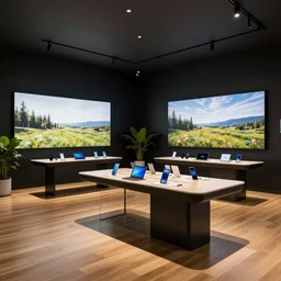 sketch by scott robertson, davison carvalho, michal kus!!! of serious grounded balanced muted flagship samsung store, black walls. timber floor. low ceilings with spots. curved furniture, with large digital screen. display tables with phones and tablets, pots with plants, large digital screens on the walls