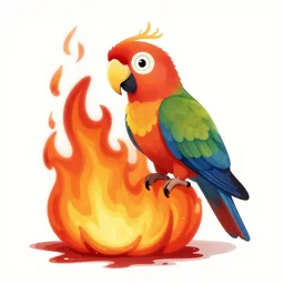 parrot burning alive, huge fire, cartoon blood dripping