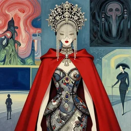 a female character design wearing high fashion, beads hanging over her face like an alexander mcqueen headdress, haute couture, dior, and a red cape by kawase hasui, moebius, edward hopper and james gilleard, zdzislaw beksinski, steven outram colorful, hd, 8 k, artstation, high quality, ultra detailed