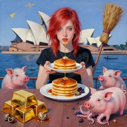 tall emo female artist holding pancakes, in chippendale sydney, gold bars, maple syrup, snails, berries, pigs, octopus, witch's broomstick, acrylic on canvas, surrealist, by magritte and monet