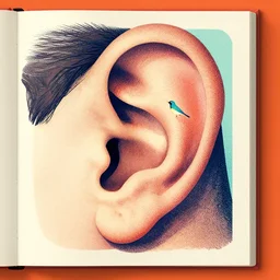 stipple shaded illustration of a human ear and a bird looking inside, anatomy book, retro flat colors, retrofuturism