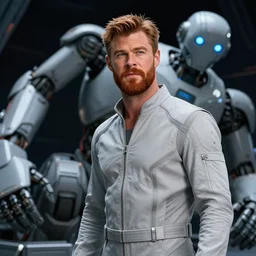 cinematic portrait of chris hemsworth with big ginger beard in light grey futuristic jumpsuit staring at big lying anthropomorphic robot, dark space station at background, high detail, 8 k, sharp focus, movie still, dramatic lighting, ray tracing, smooth, lane brown, finnstark, oleg bulakh, diego fazio, mike dargas, emanuele dascanio, felix englund