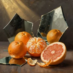 still life painting of broken mirrors, by pieter claesz, oil on canvas, strong lighting, highly detailed, peeled oranges, sliced grapefruit, hyper realism, golden hour, god rays, hd, 4 k