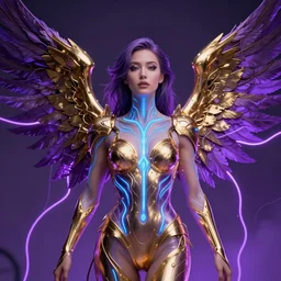 woman with gold and purple wings, looking at camera, by greg rutkowski, by anton fadeev, by rhads, 4 k, cyber punk style, glowing blue veins, purple glowing wires