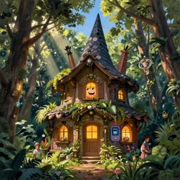 hyper realistic witch cottage with happy lighting and technology in the woods gorgeous lighting, sunbeams blue sky, highly detailed photoreal, lush forest foliage painting by zdzisław beksinski and norman rockwell and greg rutkowski weta studio, and lucasfilm