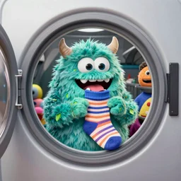 silly monster eating socks, inside a dryer, by rudolf hausner and jim henson, thomas kinkade, robert rauschenberg, 3 d model, octane render, daytime made in blender, trending on artstation, trending on nightcafe, unreal engine, behance, wallpaper 4 k, realism, bright loud colors