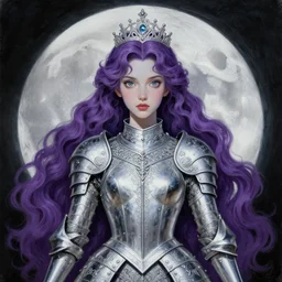 painting of princess of the moon, silver filigree armor and tiara, moon above head, purple wavy hair, smooth translucent skin, wide striking eyes, beautiful! coherent! symmetrical body, by brom, by junji ito, by brian froud, strong line, high contrast, muted color, preraphaelite style, 4 k, trending on artstation