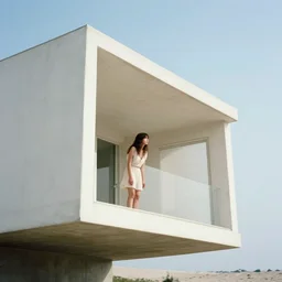 a still of a young woman looking out from a huge concrete white deck of a minimalist beach house, outside view, low angle, clear sky and background, in the music video Wrapped Around your Finger (1983)