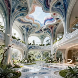 futuristic sharp focus biophilic villa interior with secret garden, arches, fractal ceiling, magnolia flowers ceramic porcelain stone nebula fluid colorful architecture landscape, highly detailed, granite, trees, marble, moss, lichen, vincent callebaut composition, mamou - mani, cinematic morning light, 8 k, unreal engine, uhd