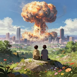 a couple sitting on top of a rock covered floral serene hillside watching a huge nuclear explosion in a distant city with skyscrapers, a detailed matte painting by filip hodas, apocalyptic, sharp focus, anime asthetic, cgsociety, fantasy art, cinematic, artstation hq, vfxfriday, dystopian art