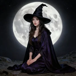 portrait of a young witch kneeling under the full moon, highly detailed, by frank frazetta and boris vallejo