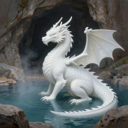 extremely detailed painting of a white dragon sitting in hotspring in the middle of a cave