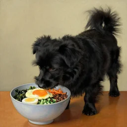 a small long haired black dog eating bibimbap by charles e. burchfield