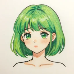 drawing of my dream girl, green hair, short, cute