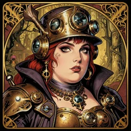 a detailed portrait illustration of a steampunk necromancer. beautiful obese female face. art nouveau, pop art, comic book style. influenced by neil gaiman, h. p. lovecraft, dan mumford, karol bak, vadim voitekhovitch, killian eng, ross tran, cedric peyravernay.