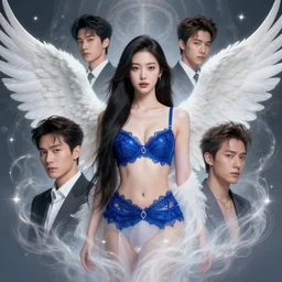 character design by james jean, jakub rebelka, tran nguyen, yoann lossel, wadim kashin ( ( ( portrait of hoyeon jung with white wings in a royal blue chic bra ) ) ) emerging from an ethereal dream, sharp edges. ultra clear detailed. 8 k. ultra detailed, majestic, intricate,
