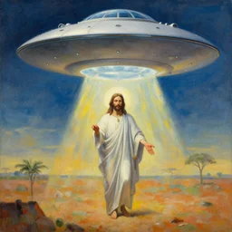 a UFO, hovering over an African Jesus, painting by Hsiao-Ron Cheng,