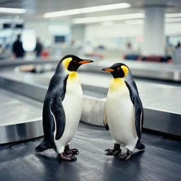 two penguins in airport baggage claim area. conveyor belt. ektachrome,